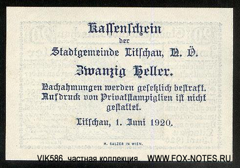 Kassenschein der Stadtgemeinde Litschau. 20 Heller. 1. Juni 1920