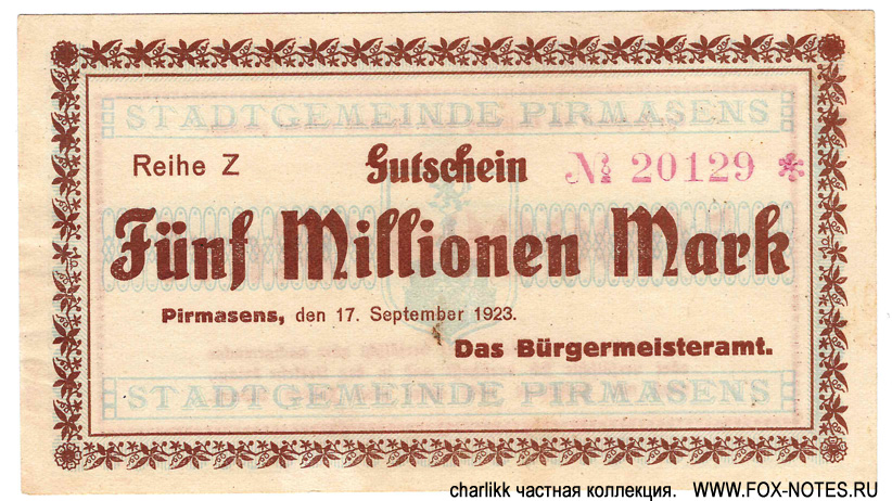 Stadtgemeinde Pirmasens 5 Millionen Mark 1923