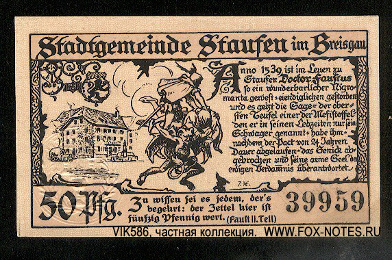 Stadtgemeinde Staufen im Breisgau 50 Pfennig 1920