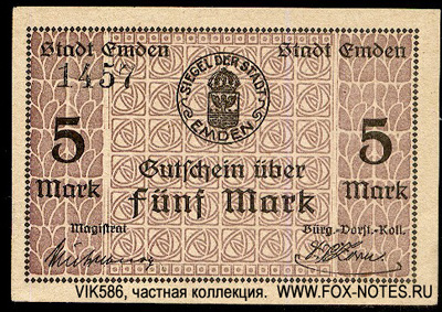Stadtkasse Emden 5 Mark 1918