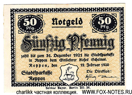Stadtsparkasse Reppen Notgeld. 50 Pfennig. 19. Februar 1920.  Gültig bis 31. Dezember 1918.