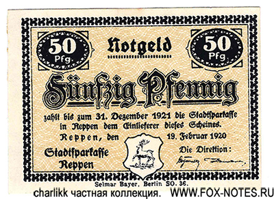 Stadtsparkasse Reppen Notgeld. 50 Pfennig. 1920