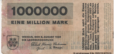 Notgeld des Landes Thüringen. 1000000 Mark 1923