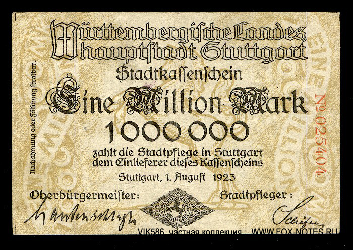 Württembergische Landes Hauptstadt Stuttgart 1 Million Mark 1923