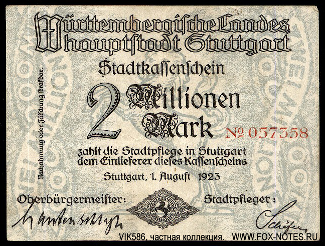 Württembergische Landes Hauptstadt Stuttgart 2 Millionen Mark 1923