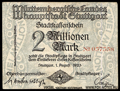 Württembergische Landes Hauptstadt Stuttgart 2 Millionen Mark 1923
