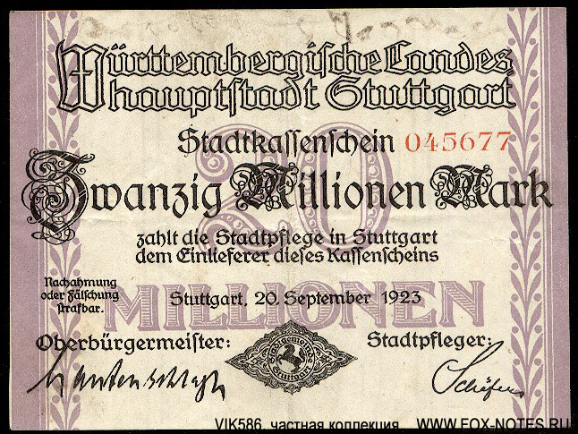 Württembergische Landes Hauptstadt Stuttgart 20 Millionen Mark 1923