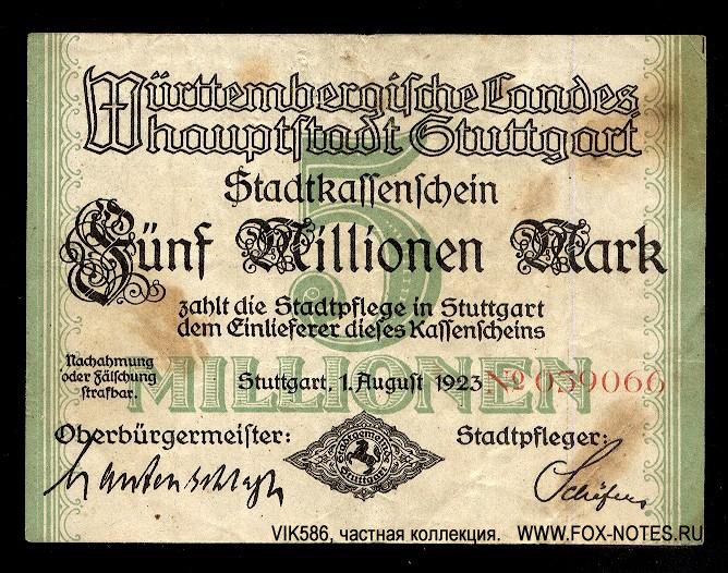Württembergische Landes Hauptstadt Stuttgart 5 Millionen Mark 1923