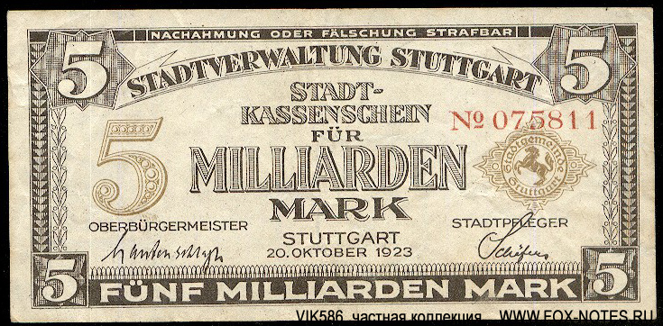Württembergische Landes Hauptstadt Stuttgart 5 Milliarden Mark 1923
