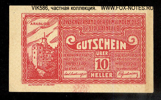 Zwecverband der Gemeinde des G. Bez. Hainfeld Gutschein. 10 Heller. Mai 1920 - 31.12.1920
