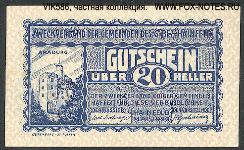 Zwecverband der Gemeinde des G. Bez. Hainfeld Gutschein. 20 Heller. Mai 1920 - 31.12.1920