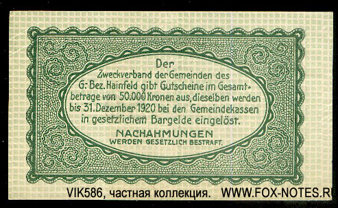 Zwecverband der Gemeinde des G. Bez. Hainfeld Gutschein. 50 Hellr. Mai 1920 - 31.12.1920