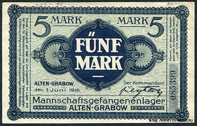 Mannschafgefangenenlager Alten-Grabow Schein - Lagergeld. 5 Mark. 1. Juni 1916.