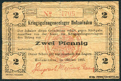 Kriegsgefangenenlager Holzminden. 2 Pfennig.1915.