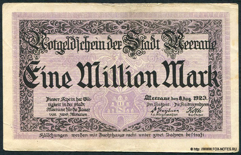 Notgeldschein der Stadt Meerane. Eine Million Mark.  8. August 1923.