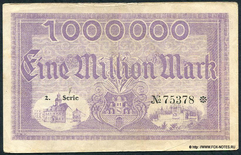 Notgeldschein der Stadt Meerane. Eine Million Mark.  8. August 1923.