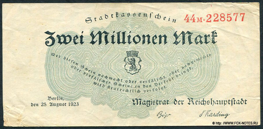 Berlin. Stadtkassenschein. 2 Millionen Mark. 25. August 1923.