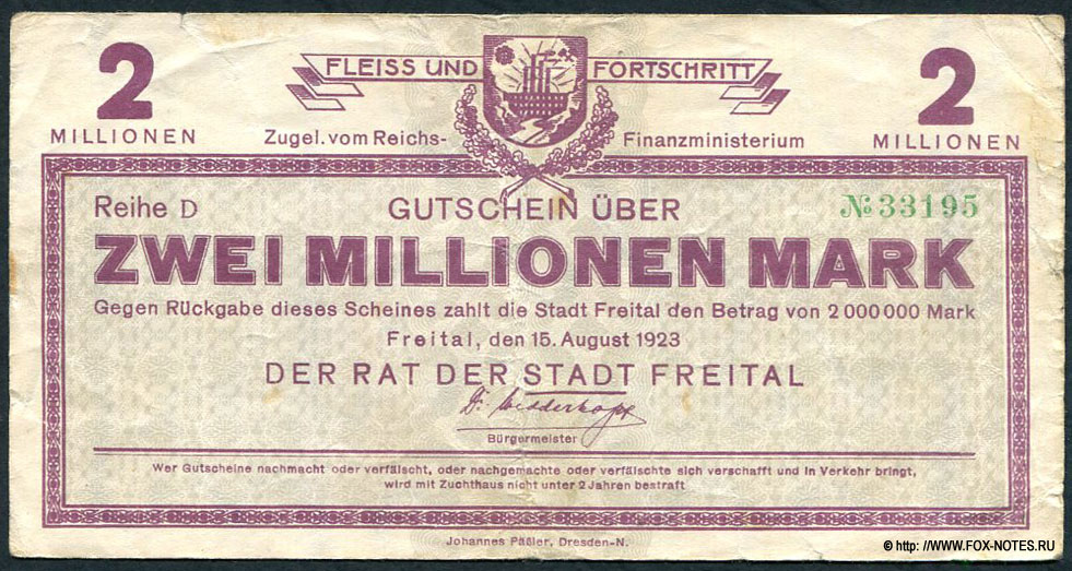 Stadt Freital 2 Millionen Mark 1923