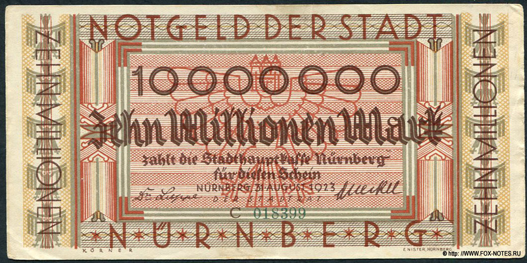 Notgeld der Stadt Nürnberg. 10000000 Mark. 31. August 1923.