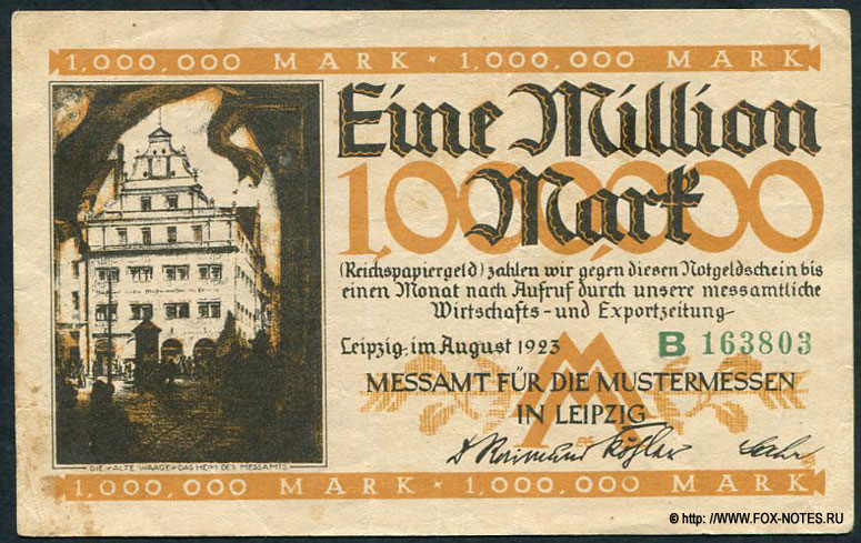 Leipzig / Sachsen 1 Mio. Mark 1923 Messamt fur die Mustermesse in Leipzig. August 1923.