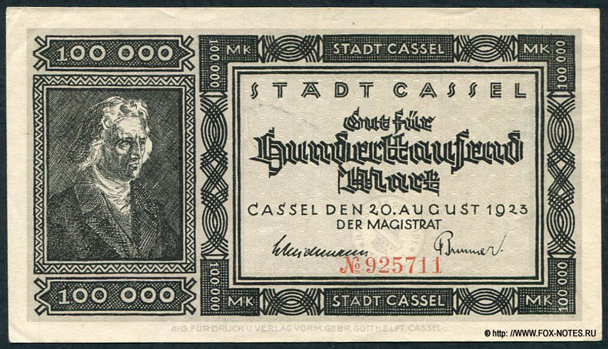 Stadt Cassel Gutschein. 100000 Mark. 20. August 1923.