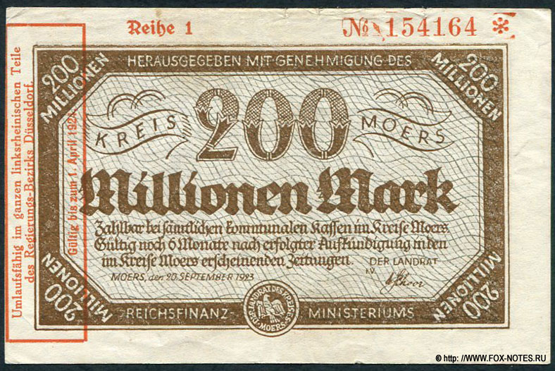 Kreiss Moers 200 Millionen Mark 1923