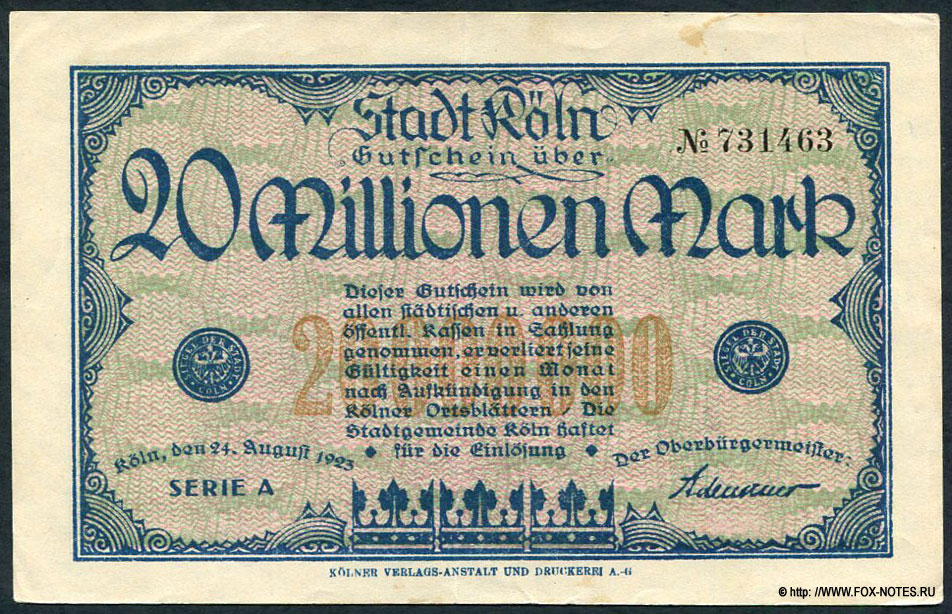 Stadt Köln 20 Millionen Mark 1923