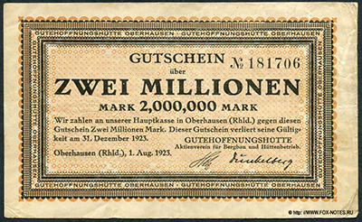 Gutehoffnungshütte Aktienverein für Bergbau und Hüttenbetrieb 2000000 Mark 1923