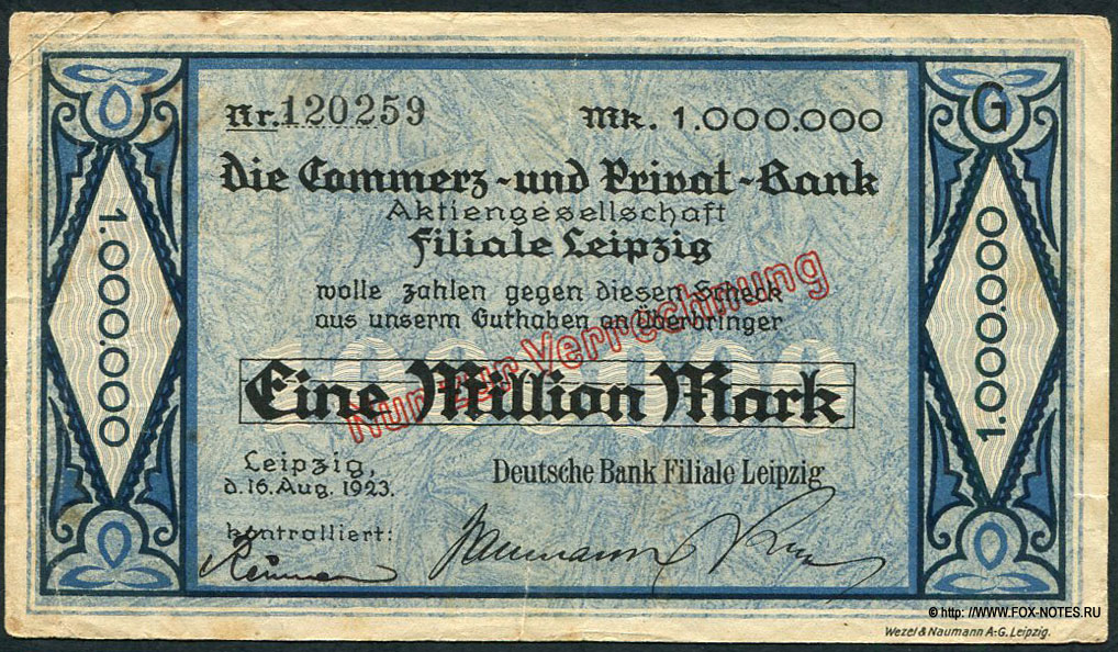 Commerz- und Privat- Bank Aktiengeselschaft, Filiale Leipzig 1 Million Mark 1923