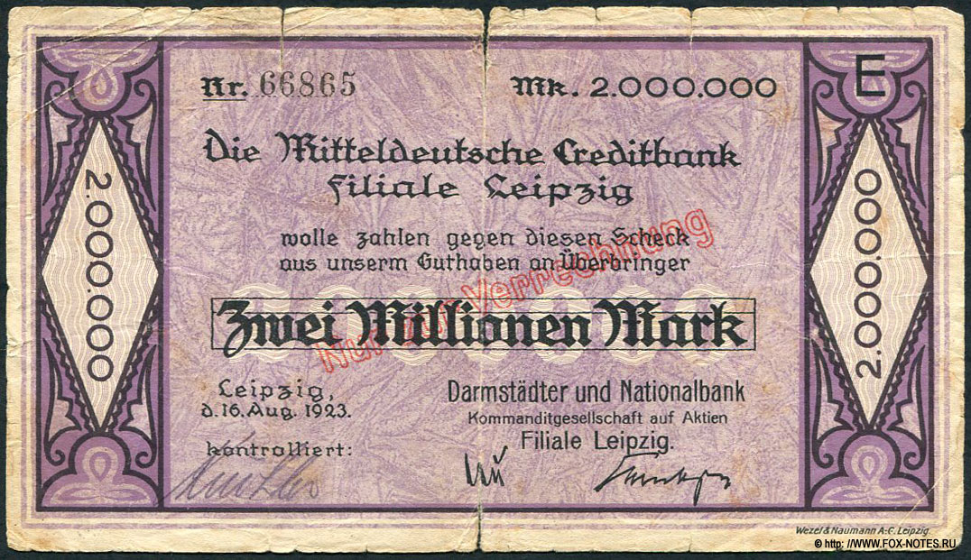 Commerz- und Privat- Bank Aktiengeselschaft, Filiale Leipzig 2 Millionen Mark 1923