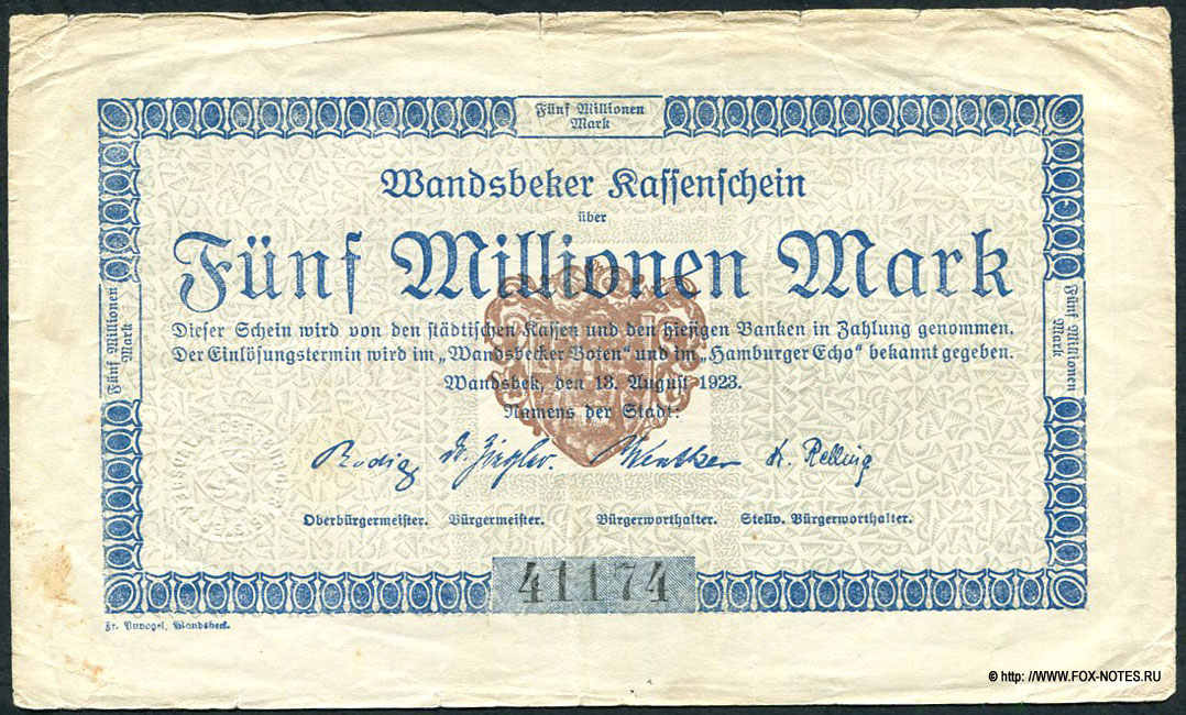 Wandesbecker Kasseschein. Wandsbek, den 18. August 1923. 5 Millionen Mark.