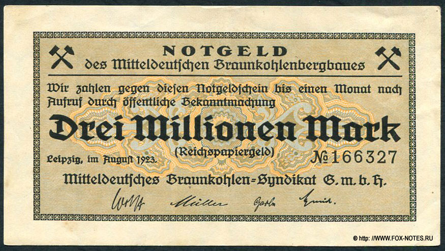 Notgeld des Mitteldeutsches Braunkohlenbergbaues. 3 Millionen Mark. August 1923.