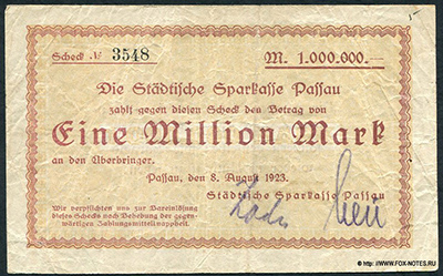 Stadtische Sparkasse Passau 1 Million Mark 1923