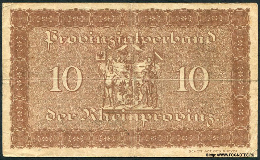 Provinzialverband der Rheinprovinz 10 Mark 1918