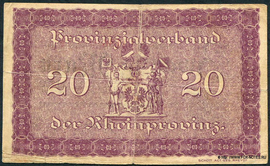 Provinzialverband der Rheinprovinz 20 Mark 1918