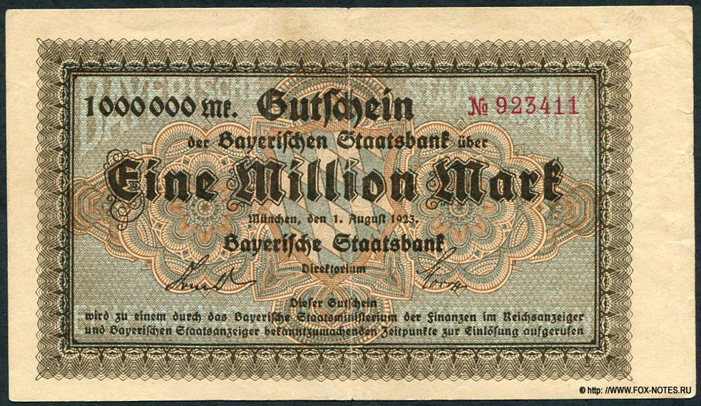 Bayerische Staatsbank Gutschein. Eine Millionen. 1. August 1923.