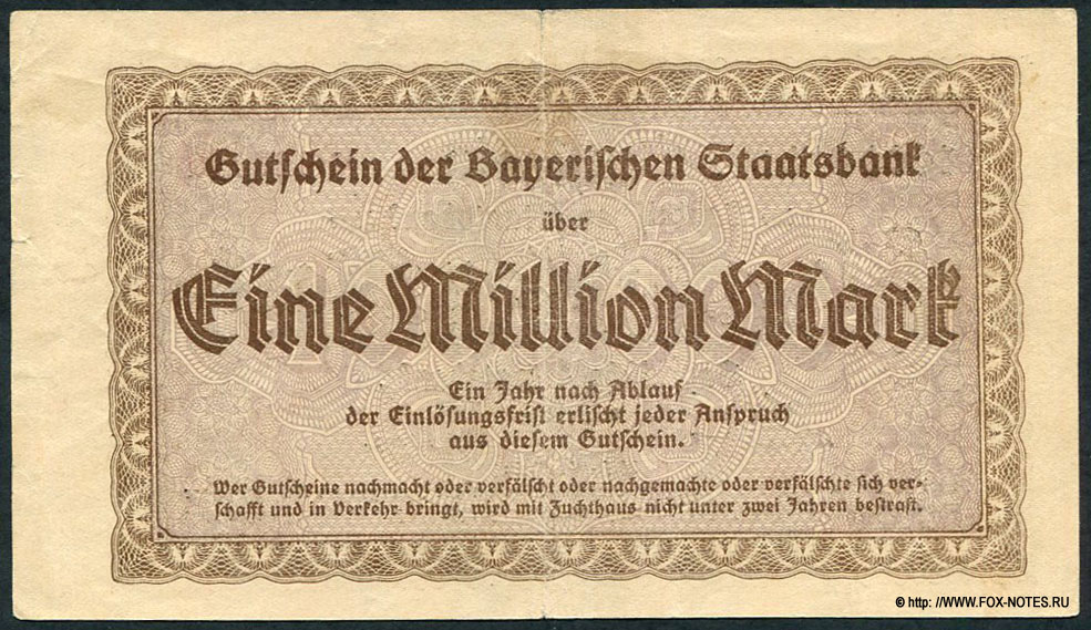 Bayerische Staatsbank Gutschein. Eine Millionen. 1. August 1923.