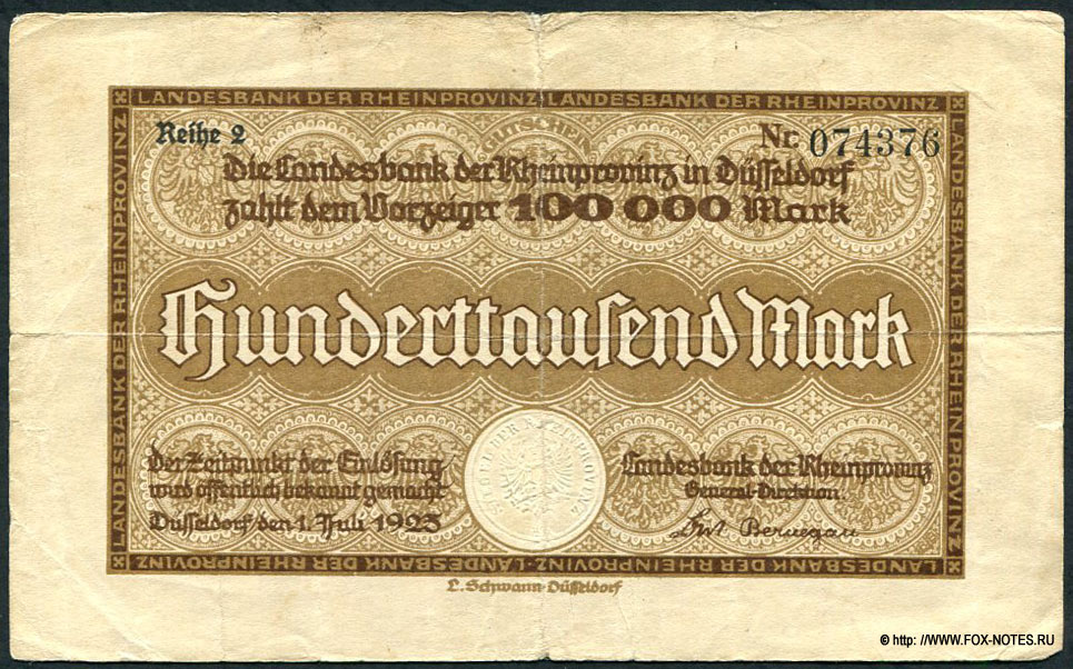 Landesbank der Rheinprovinz 100000 Mark 1923