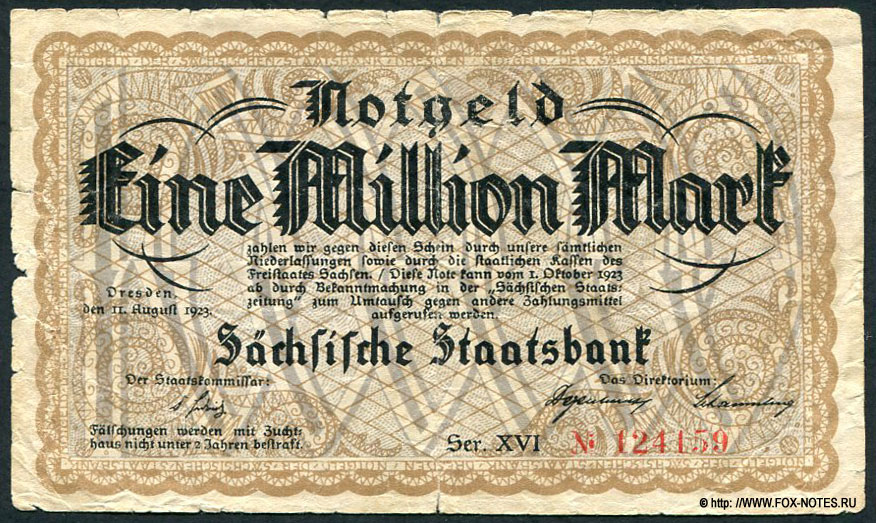 Notgeld der Sächsische Staatsbank. 2 Millionen Mark. 1. August 1923.