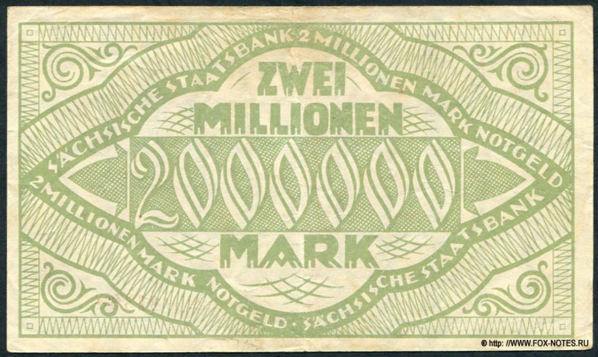 Notgeld der Sächsische Staatsbank. 2 Millionen Mark. 1. August 1923.