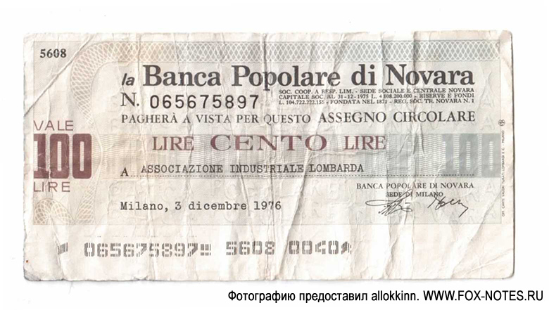 la Banca Popolare di Novara 100 
