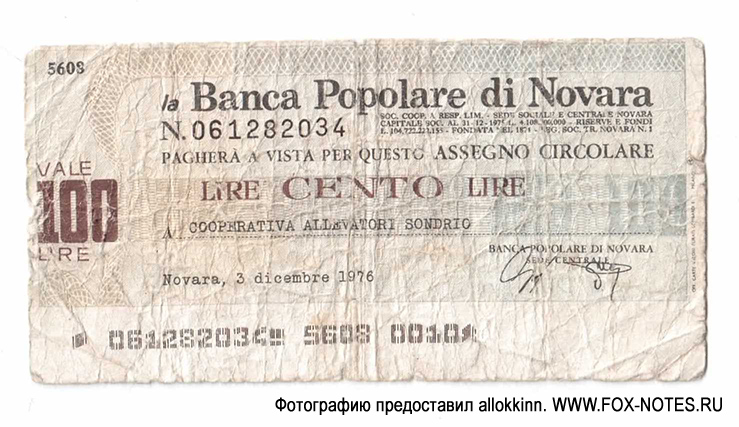 la Banca Popolare di Novara 100 