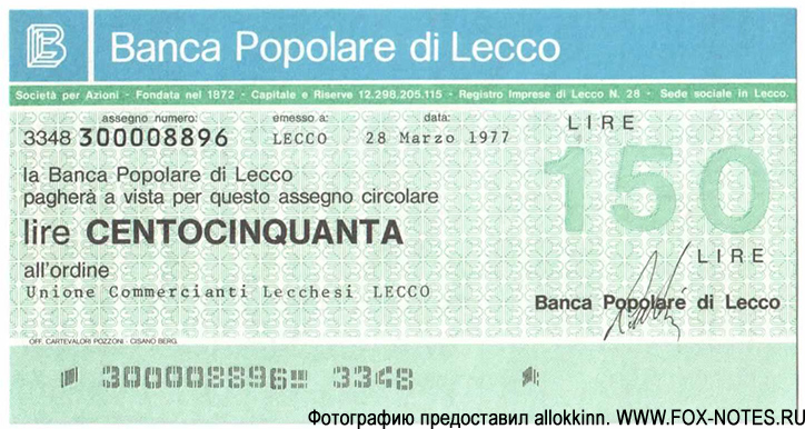 Banca Popolare di Lecco 150 lire 1977