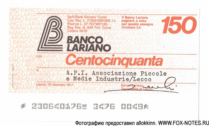 Banco Lariano.  - Miniassegni. 150  1977