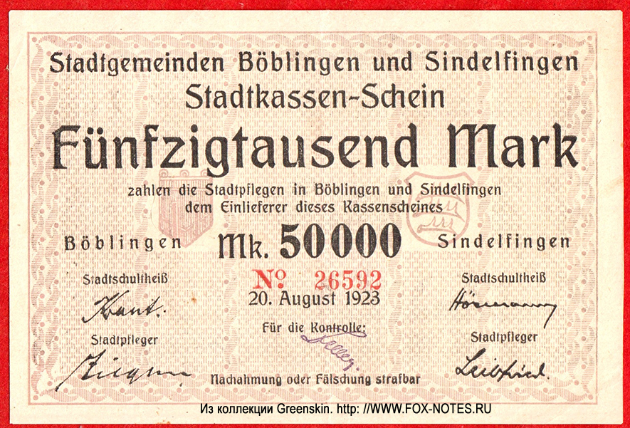 Stadtgemeinde Böblingen und Sindelfingen Stadtkassen-Schein. 50000 Mark. 20. August 1923.