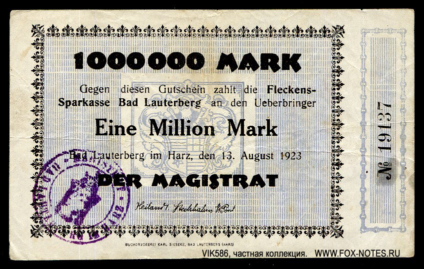 Fleckens-Sparkasse Bad Lauterberg 1000000 Mark 1923