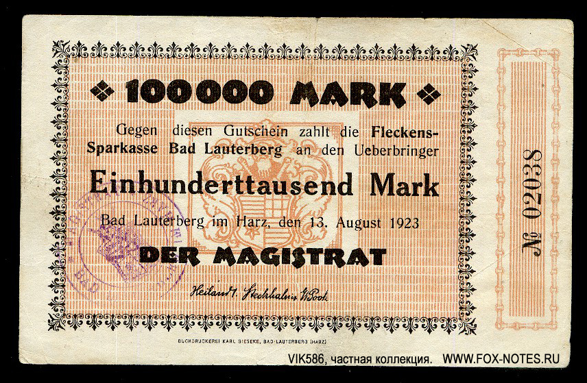 Fleckens-Sparkasse Bad Lauterberg 100000 Mark 1923