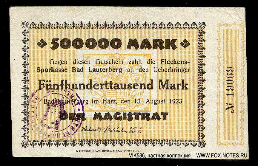 Fleckens-Sparkasse Bad Lauterberg 500000 Mark 1923