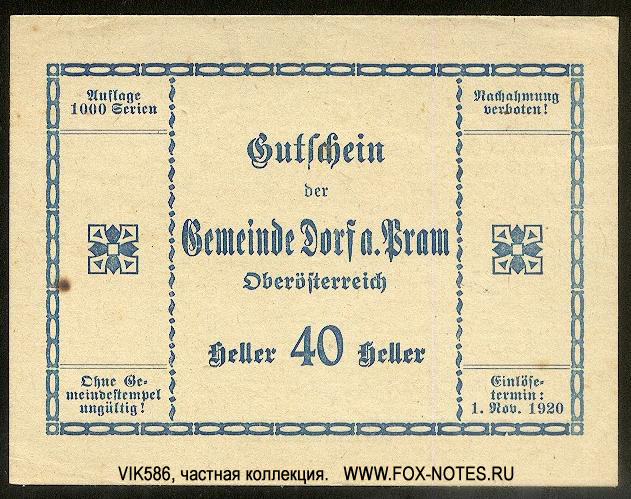 Gutschein der Gemeinde Dorf an der Pram Oberösterreich. N.D. - 1.11.1920 
