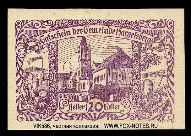 Gutschein der Gemeinde Hargelsberg. 20 Heller 13. Juni 1920.